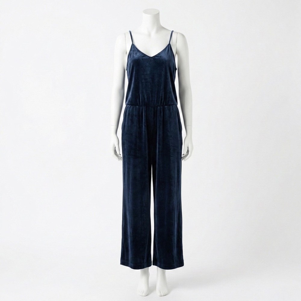 Old Navy Blue Velvet Jumpsuit Medium Fit Flare Wide Leg Sleeveless Holiday